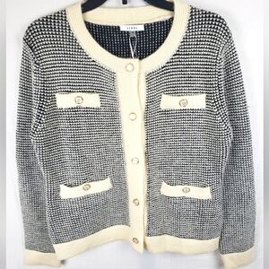NWOT SIONI Gray and Cream Checked Button Down Cardigan Sweater Sz M